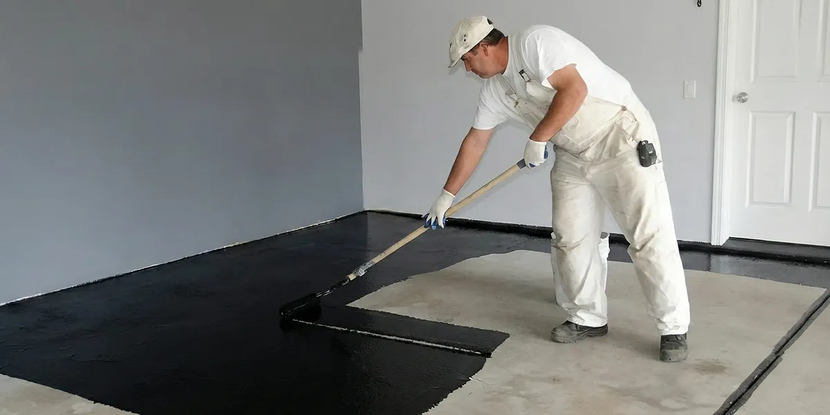 basement waterproofing professional applying waterproof coating to protect a basement floor in Des Moines, IA