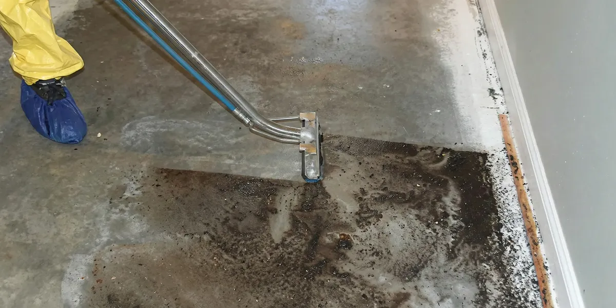 sewage removal technicians extracting contaminated wastewater from a residential floor in Des Moines, IA